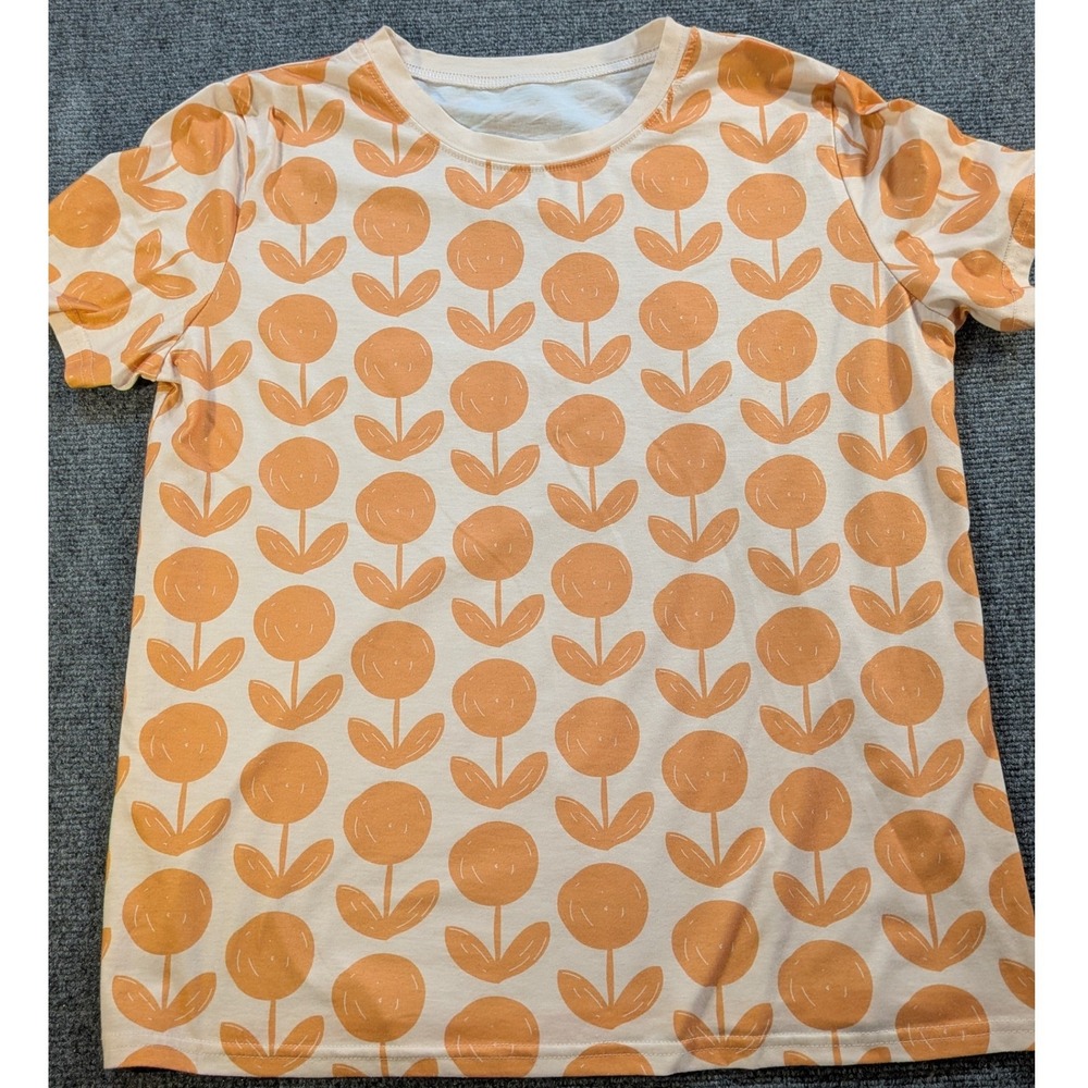 Unbranded Retro Floral Print T-Shirt Women XL Orange Cream Short Sleeve Tee